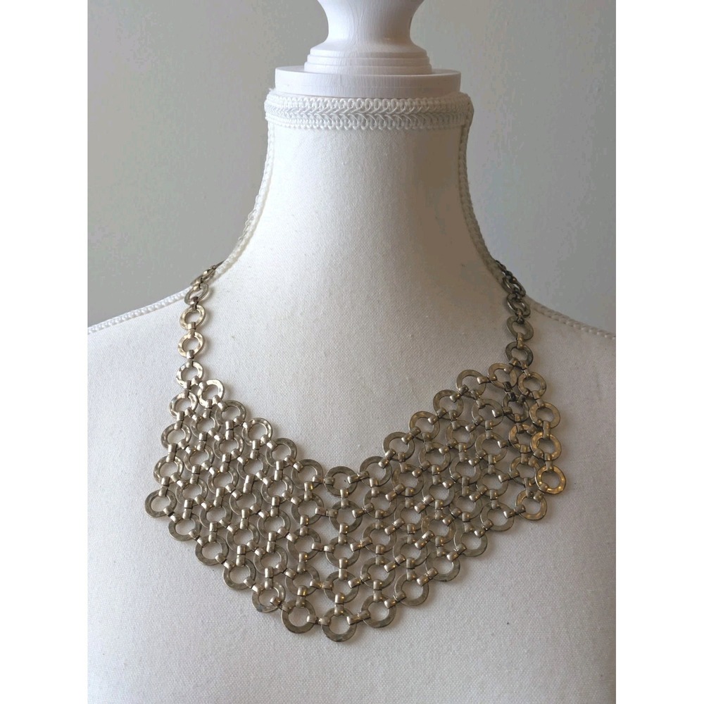 Chico's Statement Necklace In Tarnished Gold Tone Linked Circular Geometric Bib